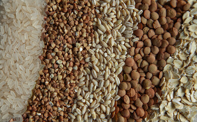 Set of whole grain muesli in white bowl isolated on white background, top view