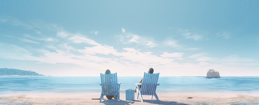 Lovely couple, Woman and her boyfriend on deck chairs at beach