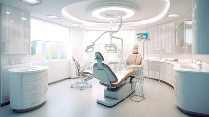 clean dental office, with dental machine in middle of the room generative ai