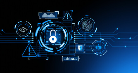 Glowing cybersecurity dashboard with big business data and statistics icons