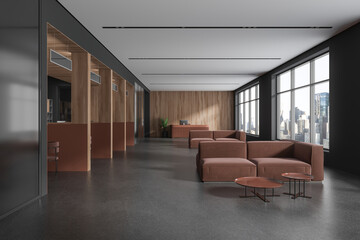 Grey office interior with chill and consulting space, panoramic window