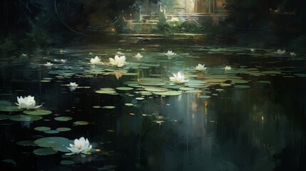 Pond with lilies and reflection of trees in dark water