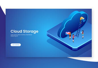 Blue Responsive Landing Page, Business People Maintain Cloud Data Server for Cloud Storage Concept Based Isometric Design.