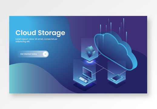 3D Cloud Server Connected with Digital Devices and Security Shield for Cloud Storage Concept Based Landing Page.