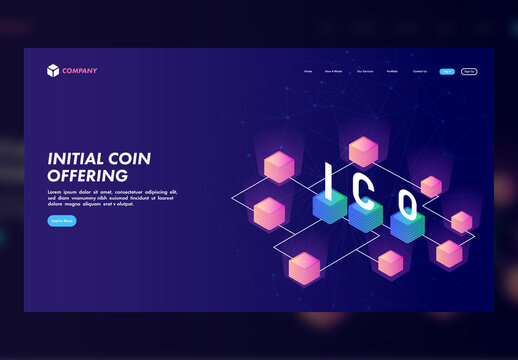 ICO (Initial Coin Offering) Concept Based Landing Page Design for Advertising.