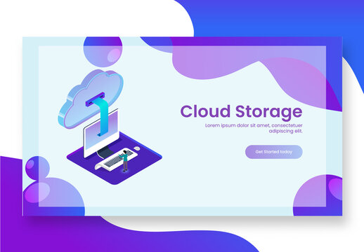 Abstract Landing Page Design with 3D Cloud Server Connected Computer for Cloud Storage Concept.