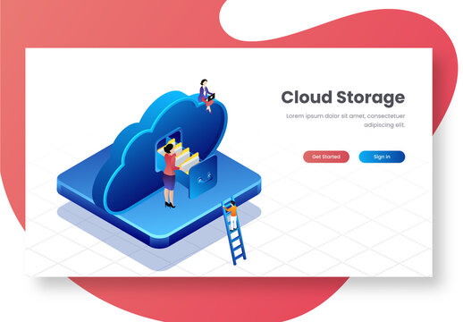 Business People Maintains Cloud Data Server at Isometric Platform for Cloud Storage Concept Based Landing Page.
