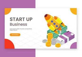 Start Up Business Concept Based Landing Page With Isometric Rocket And Money Currencies.