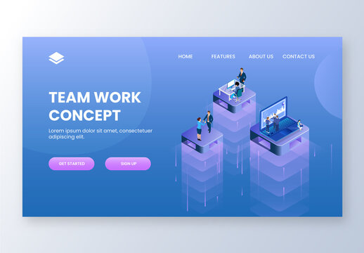 Teamwork Concept Based Landing Page With Business People Working Different Platform in Level Position.