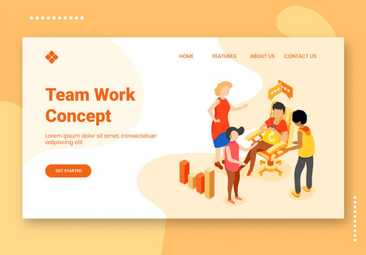 Team Work Concept Based Landing Page Design With People Discussing Something Together And 3D Bar Graph.