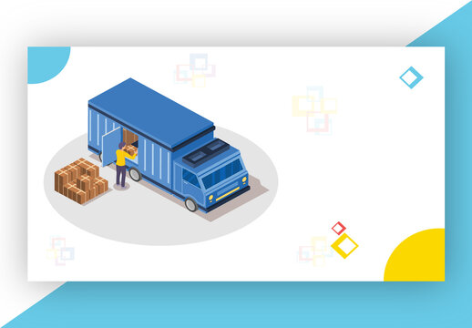 Web Banner OR Landing Page Design, Isometric Cargo Truck With Man Loading Package Box.