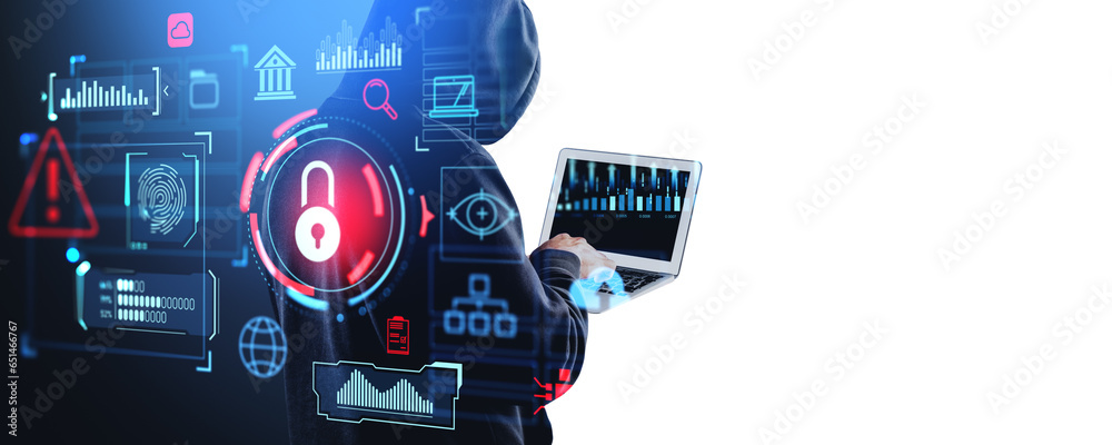 Poster hacker using laptop, digital cybersecurity chart with icons. copy space