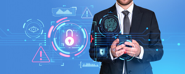 Businessman using smartphone, digital cybersecurity chart with big business data