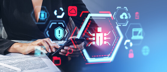 Woman hands with smartphone, cybersecurity bug interface