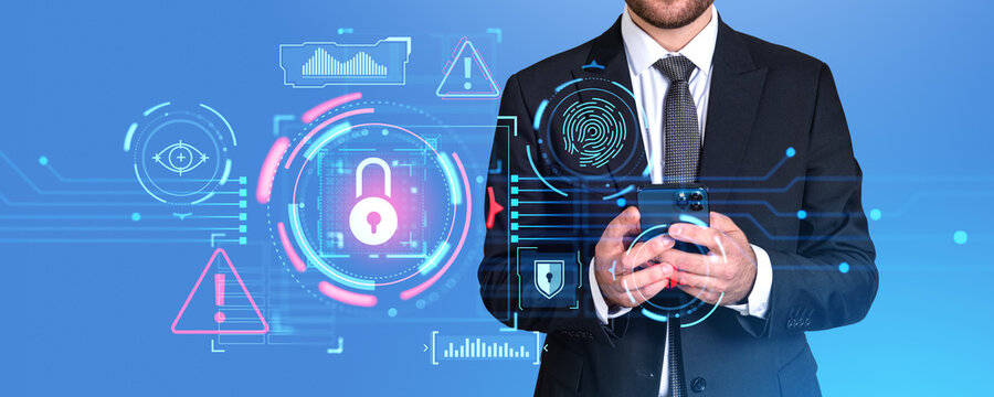 Businessman using smartphone, digital cybersecurity chart with big business data