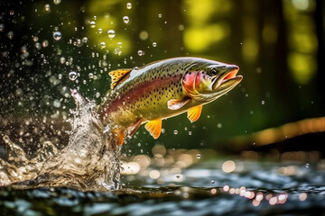 Fishing rainbow trout fish splashing in the water of a forest lake.generative ai - obrazy, fototapety, plakaty