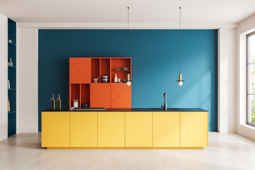 Colorful hotel kitchen interior with bar countertop and shelves, window