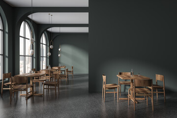 Green cafe interior with chairs and table near window, mockup wall