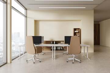 Beige business work zone interior with desk and computers, panoramic window