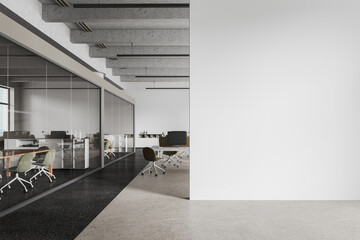 Office coworking interior with workspace and meeting room, mockup wall