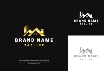 Black and Gold Initial Real Estate Logo Image on Black Background. Flat Vector Logo Design Template Element for Construction, Architecture Building Logos.