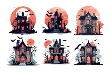 cartoon halloween house with ghost and bat in front
