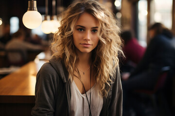 Obraz premium A portrait of a beautiful blonde woman in a coffee shop