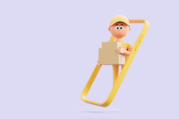 Cartoon delivery man with box and smartphone