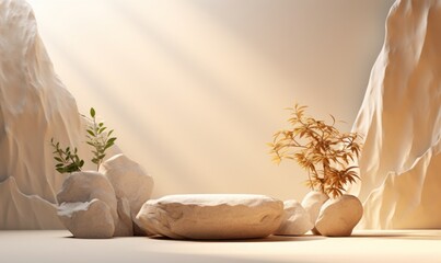 Mockup podium with stone landscape background, tropical scene light mockup for product display or showcase