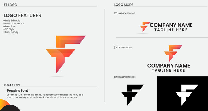 FT logo design. F logo. T letter. Modern. Colorful design. Lettering design. Font. Business. Premium template. Script. T logo. TF vector.