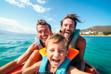 Obraz premium an image of happy two men and their son riiding a boat and smiling