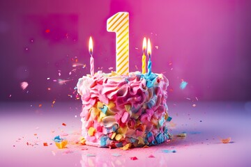 One-year-old birthday cake with Pink background, confetti, crackers - obrazy, fototapety, plakaty