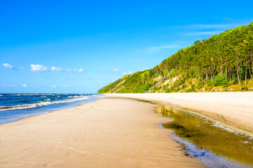 Baltic Sea beach near Misdroy. Seaside resort on the Polish coast. Landscape on the beach.
