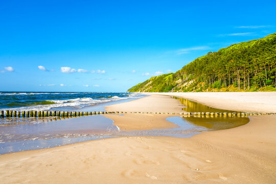 Baltic Sea beach near Misdroy. Seaside resort on the Polish coast. Landscape on the beach.
