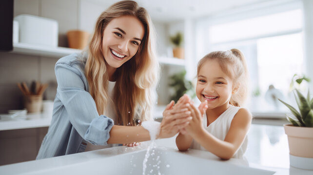 A cute little girl and her mother are washing their hands against infections and viruses.generative ai