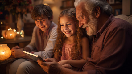 A Happy little girl having fun while using digital tablet with her grandparents at home.generative ai