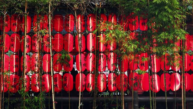 Chinese Red lanterns with bamboo