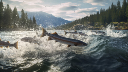 Fototapeta premium Salmon herd jumping out of the water towards the camera.generative ai