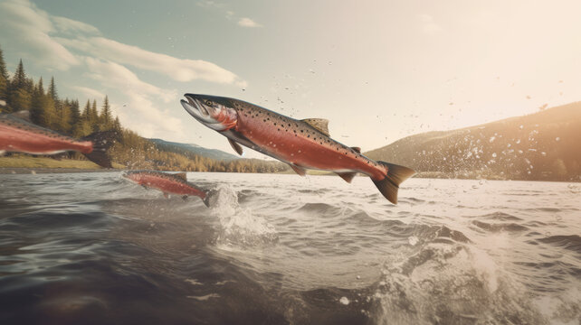 Salmon herd jumping out of the water towards the camera.generative ai