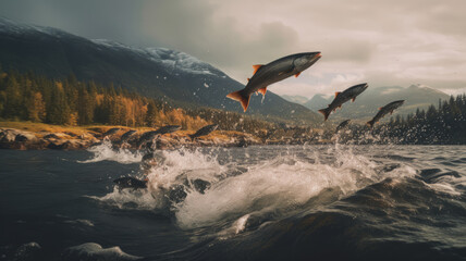 Salmon herd jumping out of the water towards the camera.generative ai - obrazy, fototapety, plakaty