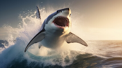mako shark jumping out of ocean water .generative ai - obrazy, fototapety, plakaty