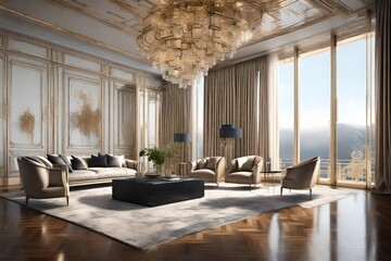3D render of a luxurious  room that embodies opulence and sophistication, showcasing exquisite interior design, lavish furnishings, and breathtaking views.