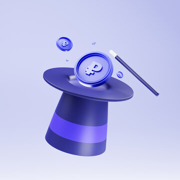 3D Magic hat and bitcoin coins. The magic of creating cryptocurrency. 3D rendering of bitcoin icon illustration with magic concept. The concept of finance, exchange rates, trendy style. 3D rendering