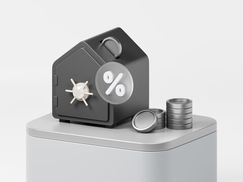 3D coin stack, percent and home on isolated background. 3D Mortgage, investment, residential finance economy, home property investment, saving money. Finance real estate business investment.3D render.