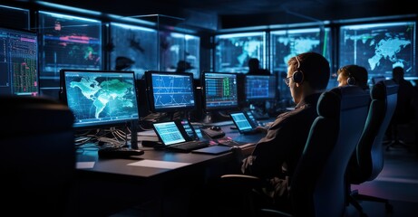 cyber intelligence officers in an elite security room, exploring the dark web