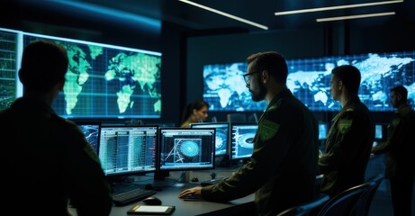 IT security specialists in a high-tech command center, analyzing intricate cyber patterns