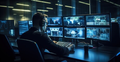 digital security experts in a state-of-the-art monitoring station, deploying advanced algorithms