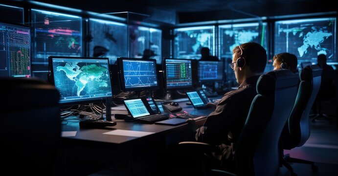 cyber intelligence officers in an elite security room, exploring the dark web