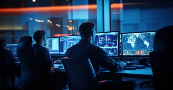 network security team in a cutting-edge control room, seeking potential cyber vulnerabilities