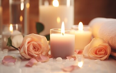 Obraz na płótnie Canvas relax spa background in soft lighting, Candles, rose , petal, aromatherapy, cozy meditation